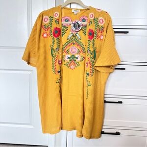 NWT Umgee Kimono Cardigan Women's Size Small Mustard Yellow Embroidered Floral